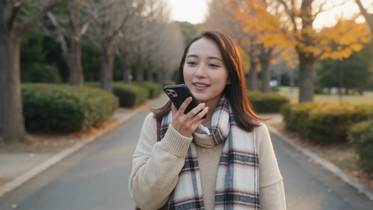 夕方の並木道を歩きながらスマートフォンに声を吹き込む女性