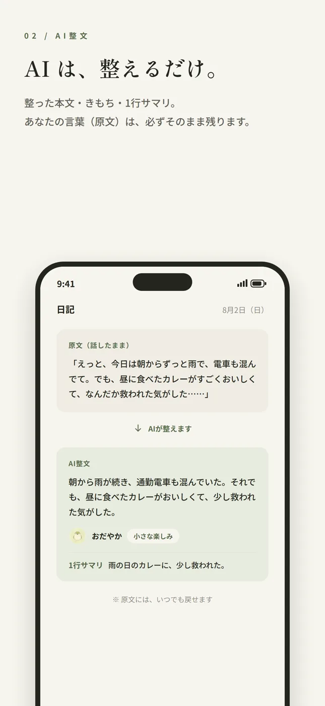 AIは、整えるだけ。原文を残したまま AI が本文を整える日記画面