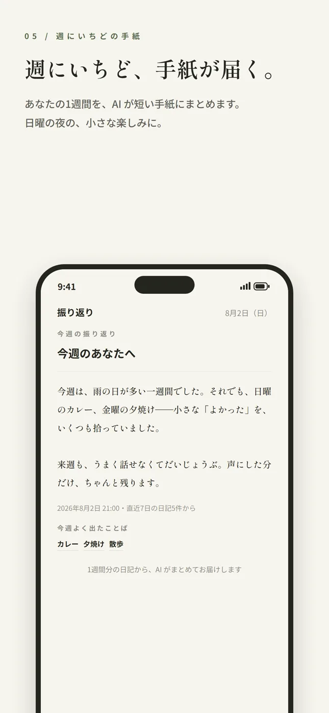 週にいちど届く、AI からのふりかえりの手紙の画面